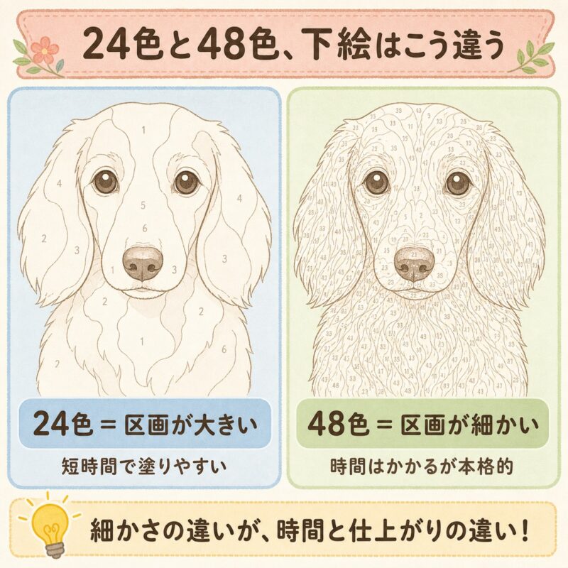 24色と48色の下絵の違いの図解。24色は区画が大きく短時間で塗りやすい、48色は区画が細かく時間はかかるが本格的
