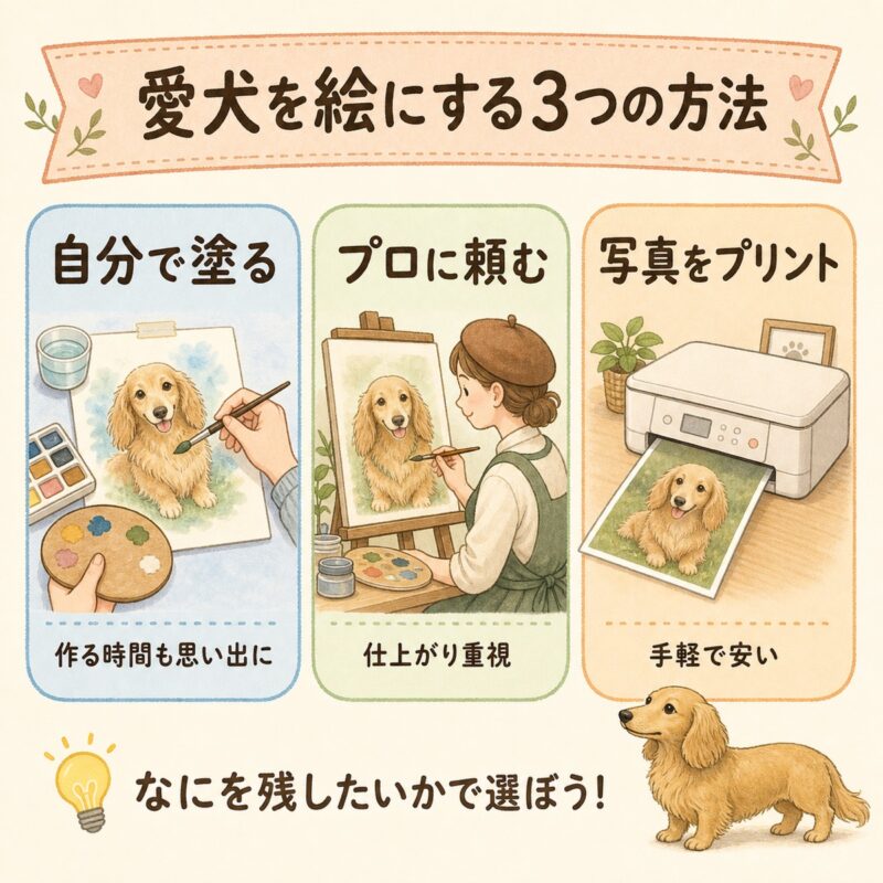 愛犬を絵にする3つの方法の図解。自分で塗る(作る時間も思い出に)、プロに頼む(仕上がり重視)、写真をプリント(手軽で安い)