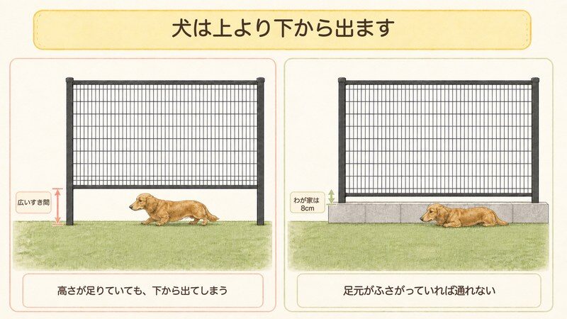 フェンスの下のすき間が広い場合と、ブロックでふさがれて8cmしかない場合を比べた図