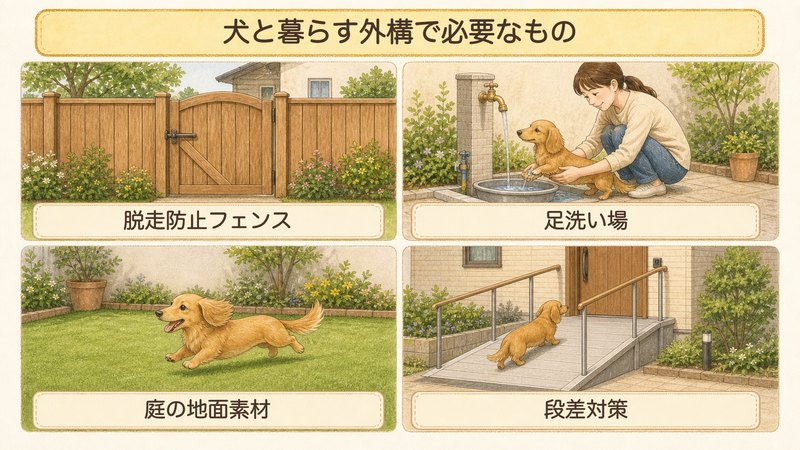 犬と暮らす外構で必要なものの図解。脱走防止フェンス・足洗い場・庭の地面素材・段差対策