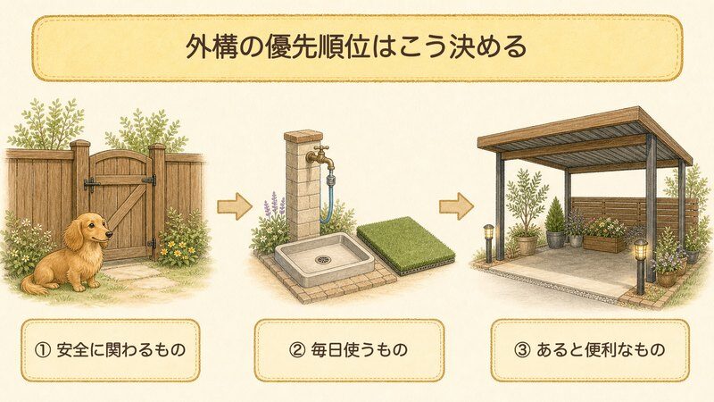 外構の優先順位の図解。①安全に関わるもの②毎日使うもの③あると便利なものの順で決める