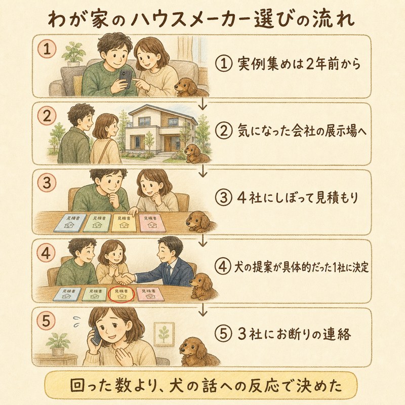 わが家のハウスメーカー選びの流れの図解。実例集めから展示場めぐり、4社の見積もり比較、犬の提案が具体的だった1社に決定、3社にお断りの連絡まで