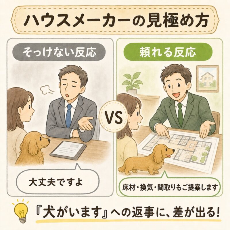 ハウスメーカーの見極め方の図解。「犬がいます」と伝えたときの反応の比較。そっけない「大丈夫ですよ」だけの反応と、床材・換気・間取りまで提案してくれる頼れる反応