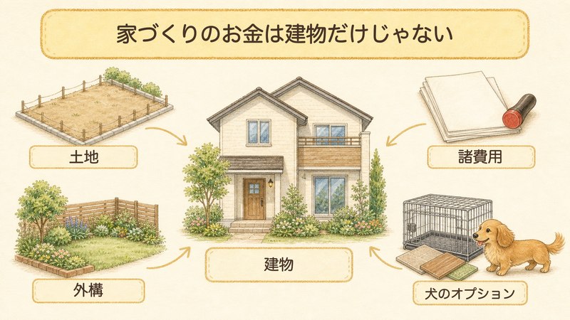 家づくりの費用は建物だけでなく土地・諸費用・外構・犬のオプションもかかるという図解