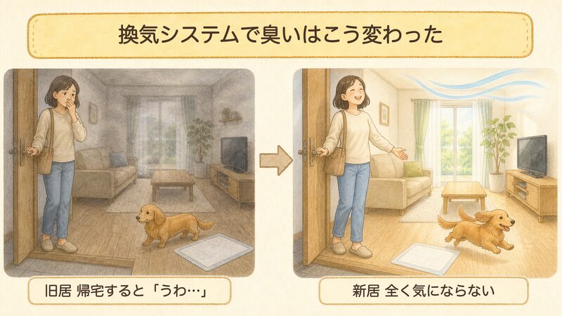換気システム導入前後の変化の図解。旧居は帰宅すると臭いに困っていたが、新居では全く気にならない