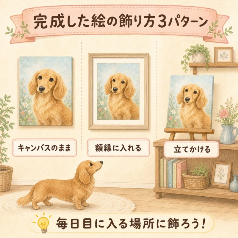 完成した絵の飾り方3パターンの図解。キャンバスのまま、額縁に入れる、棚に立てかける