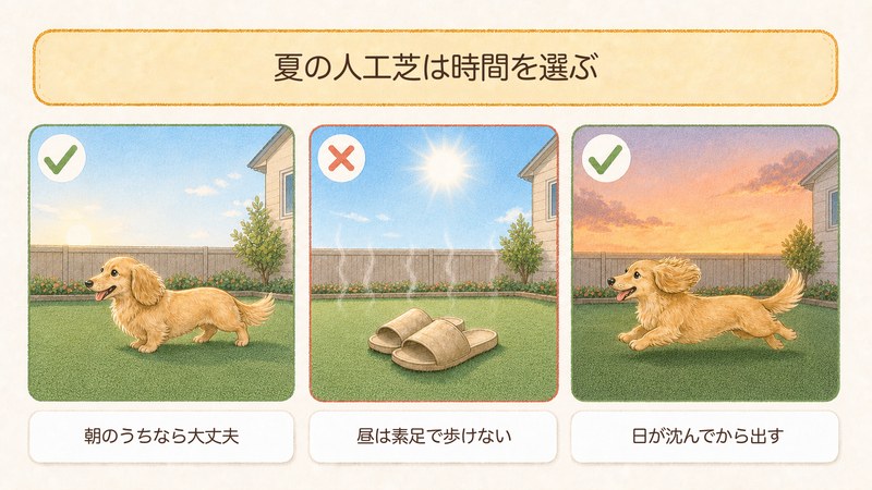 夏の人工芝に犬を出していい時間帯を朝・昼・夕で比べた図解