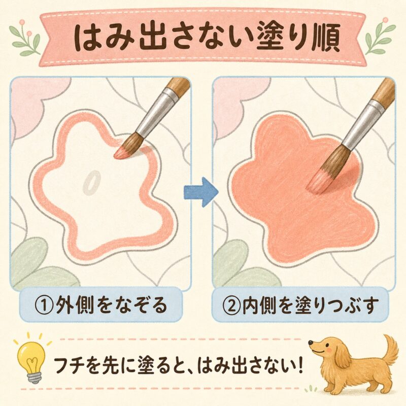 はみ出さない塗り順の図解。1外側をなぞってから、2内側を塗りつぶすと、はみ出さずに塗れる