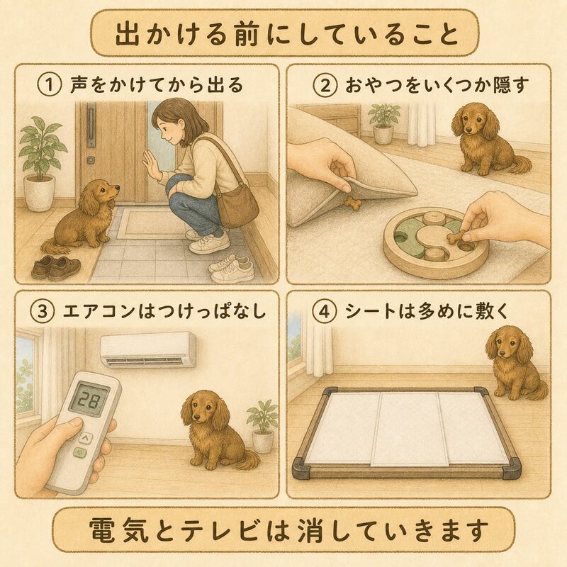 留守番の前にしていることの図解。声をかけてから出る、おやつをいくつか隠す、エアコンはつけっぱなし、トイレシートは多めに敷く