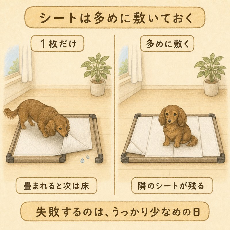 トイレシートの敷き方の図解。1枚だけだと鼻で畳まれて次は床にしてしまうが、多めに敷いておけば隣のシートが残る