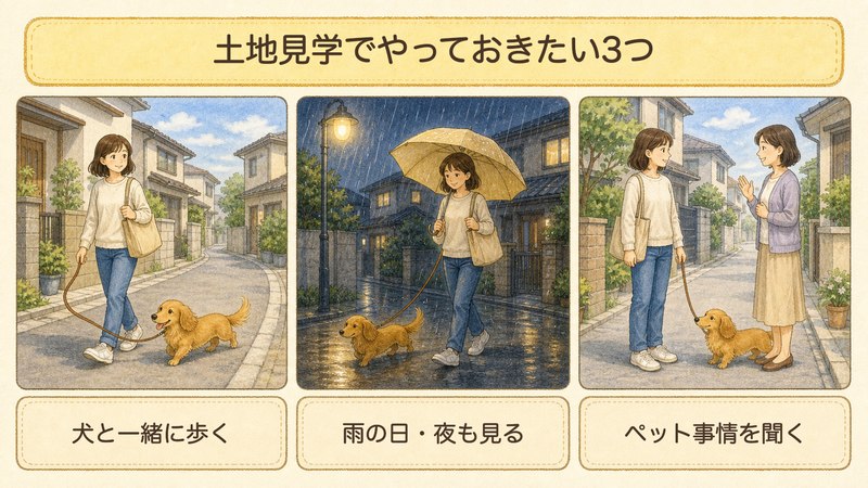 土地見学でやっておきたい3つの図解。犬と一緒に歩く・雨の日や夜も見る・近隣のペット事情を聞く