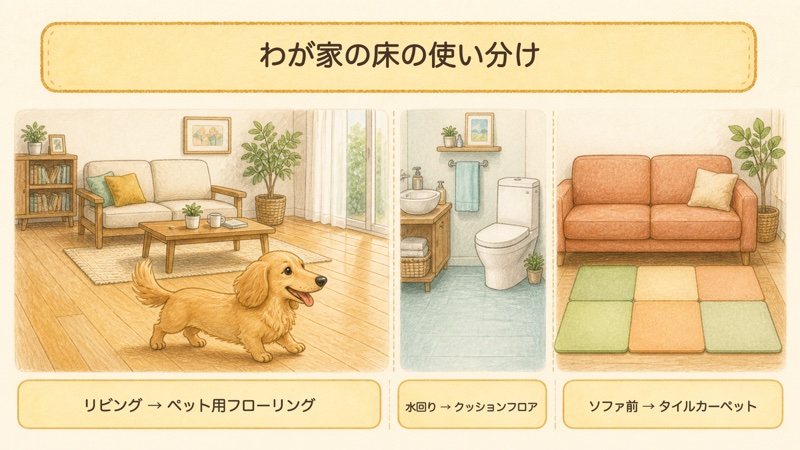 犬と暮らす家の床の使い分け図解。リビングはペット用フローリング・水回りはクッションフロア・ソファ前はタイルカーペット