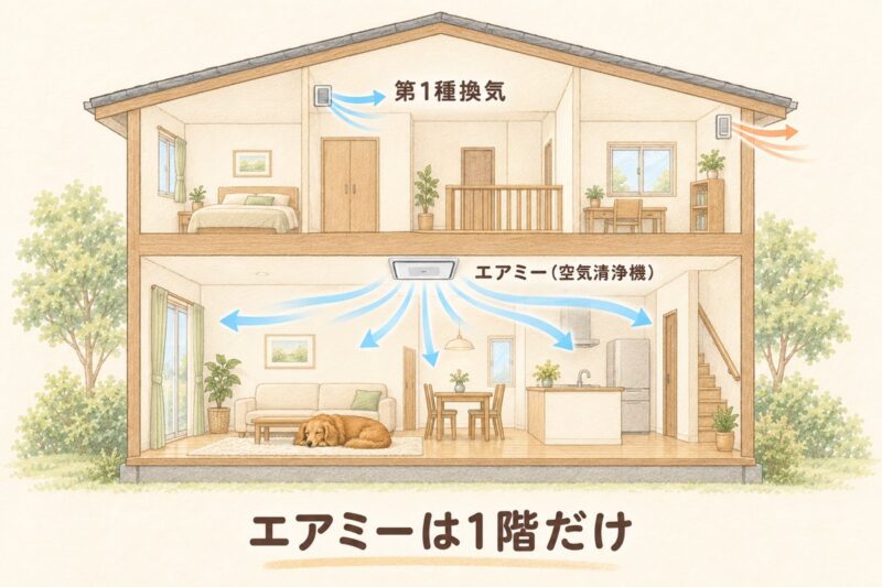 わが家のエアミーと換気の場所を示した家の断面図。1階の天井にエアミー(空気清浄機)、2階は第1種換気だけ