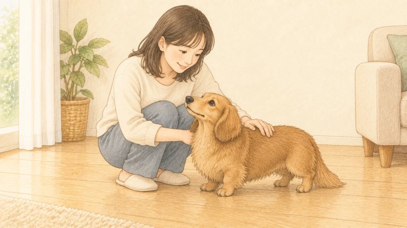 しゃがんで犬をなでて落ち着かせる飼い主のイラスト