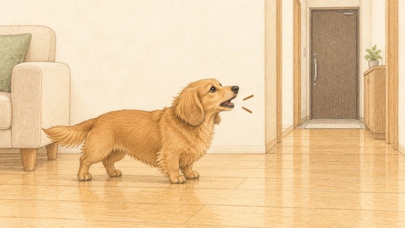 玄関のほうに向かって吠えるミニチュアダックスのイラスト