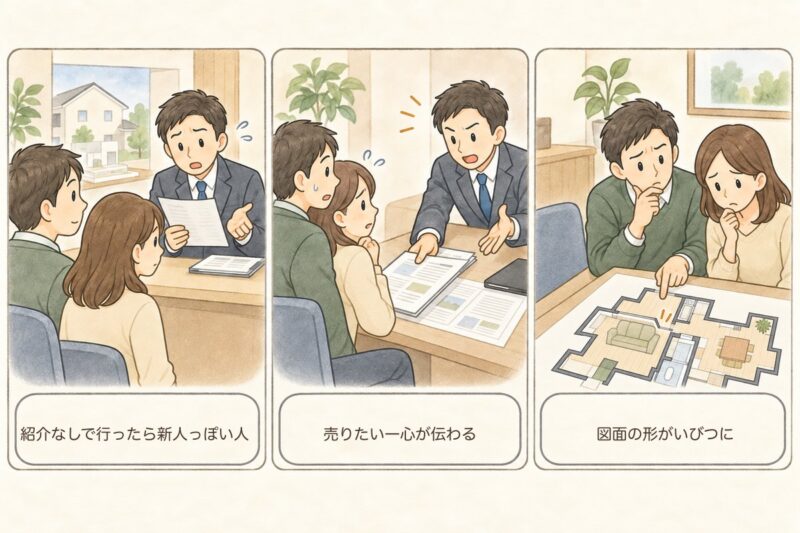 営業さんに不信感をもった3つの場面。紹介なしで行ったら新人っぽい人、売りたい一心が伝わる、図面の形がいびつに