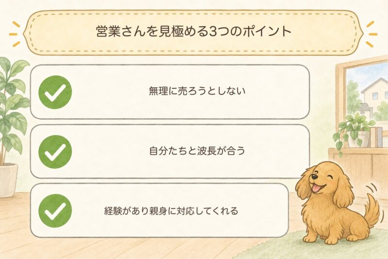 営業さんを見極める3つのポイント。無理に売ろうとしない、自分たちと波長が合う、経験があり親身に対応してくれる