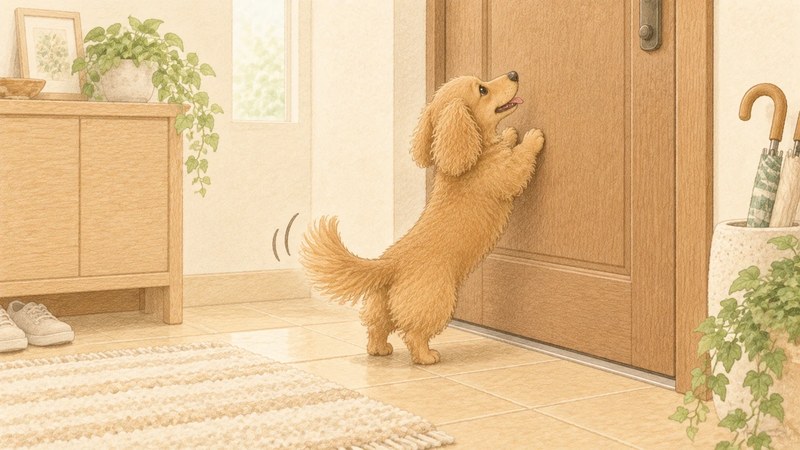 玄関の扉にしっぽを振りながら前足をかける犬のイラスト
