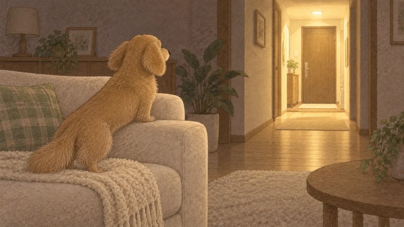 ソファの上から、明かりのついた玄関をじっと見つめる犬のイラスト