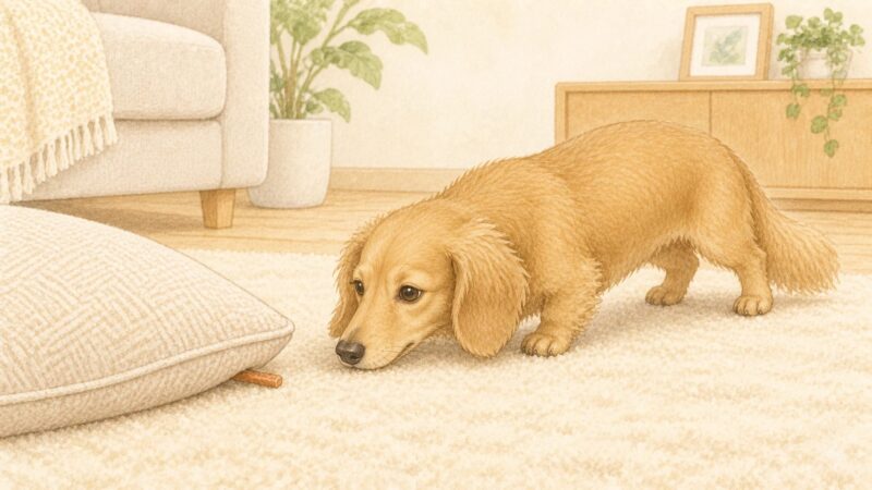 クッションのかげに隠れたガムのおやつを、においで探す犬のイラスト