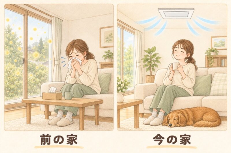 花粉の季節のビフォーアフター。前の家では鼻をかんでつらそう、今の家ではくつろいでいる