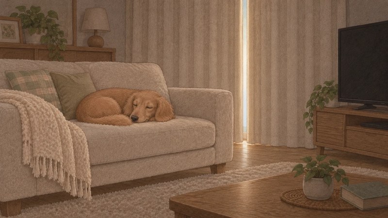 電気を消した薄暗いリビングのソファで、ぐっすり眠る犬のイラスト