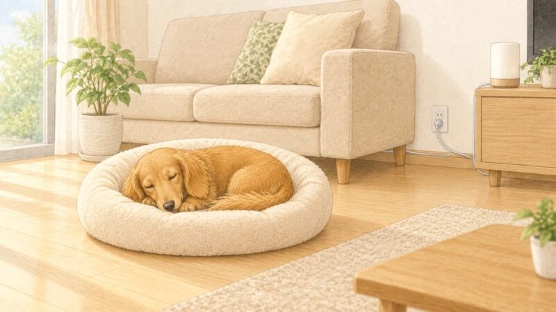 コードもソファも無事な、平和なリビングでベッドで眠る犬のイラスト