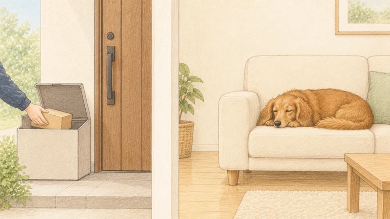 宅配ボックスに荷物が置かれる間、ソファで眠ったままの犬のイラスト