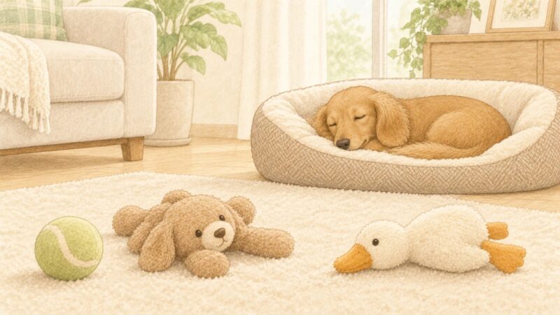 おもちゃが転がっているのに、ベッドで寝ている犬のイラスト