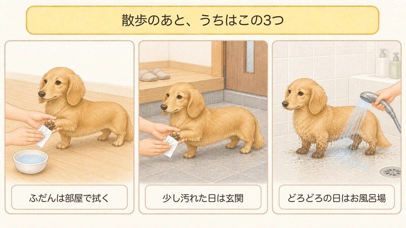 散歩から帰ったあとの、部屋で拭く・玄関で拭く・お風呂場で洗うの3パターンを並べた図解