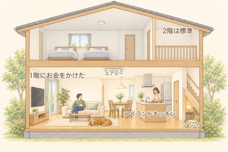 わが家の断面図。2階は標準、1階にお金をかけた。1階の天井にエアミー、アイランドキッチン、階段下にヌック