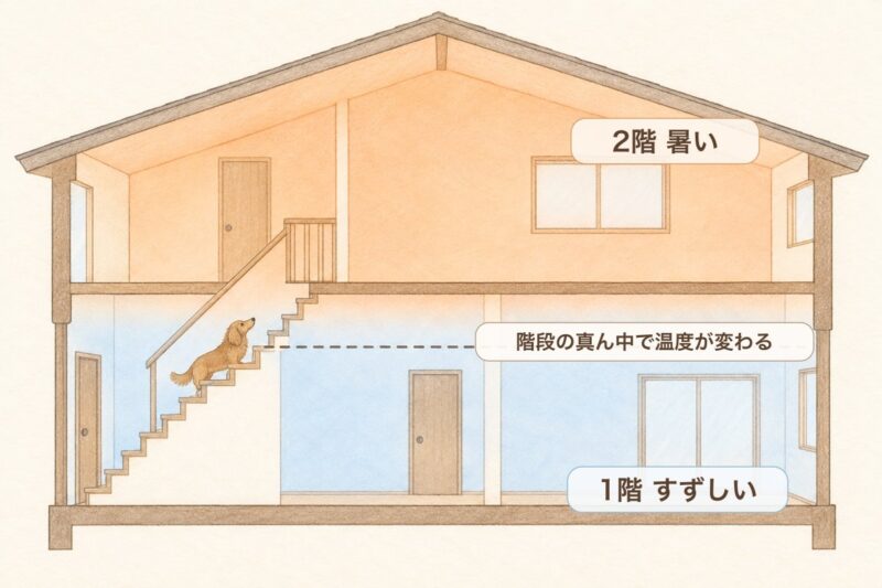 2階建ての家の断面図。階段の真ん中を境に、1階は涼しく2階は暑いことを示した図解