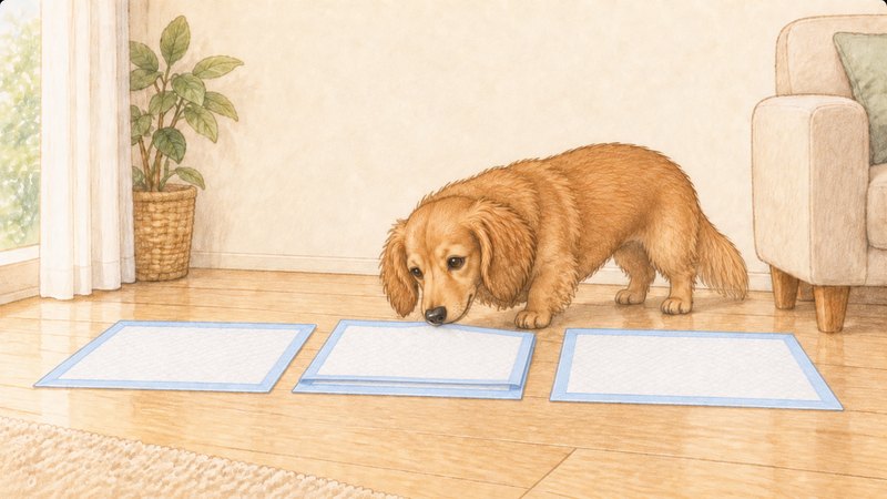 並べたトイレシートを鼻で畳もうとする犬のイラスト
