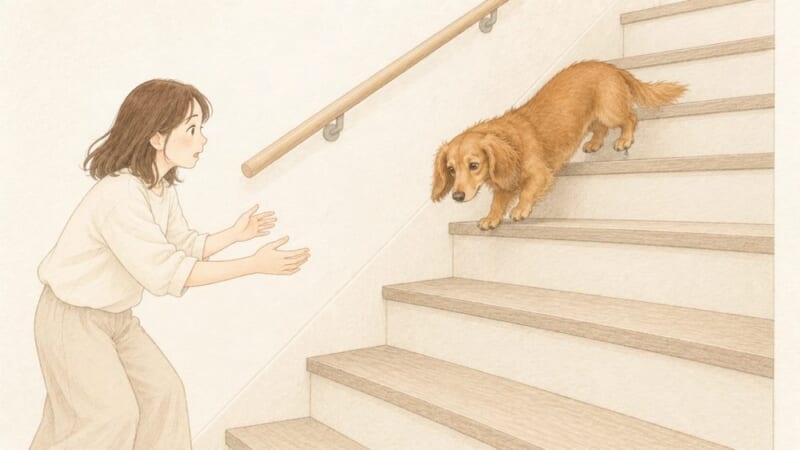 マットを敷く前の階段をおりるダックスと、心配する飼い主のイラスト